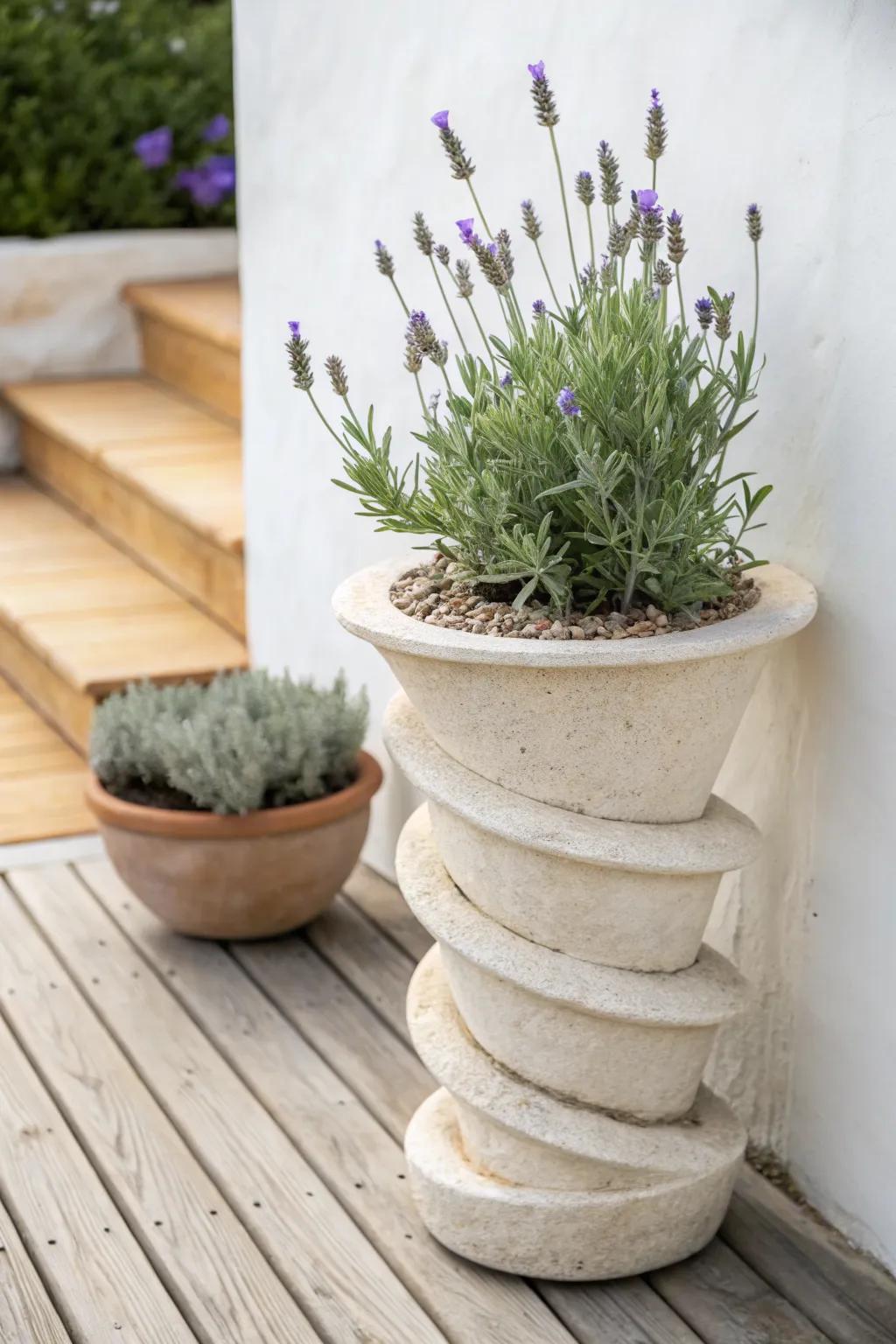 Lavender spiral mini herb tower—sculptural, space-saving, and beautifully fragrant.