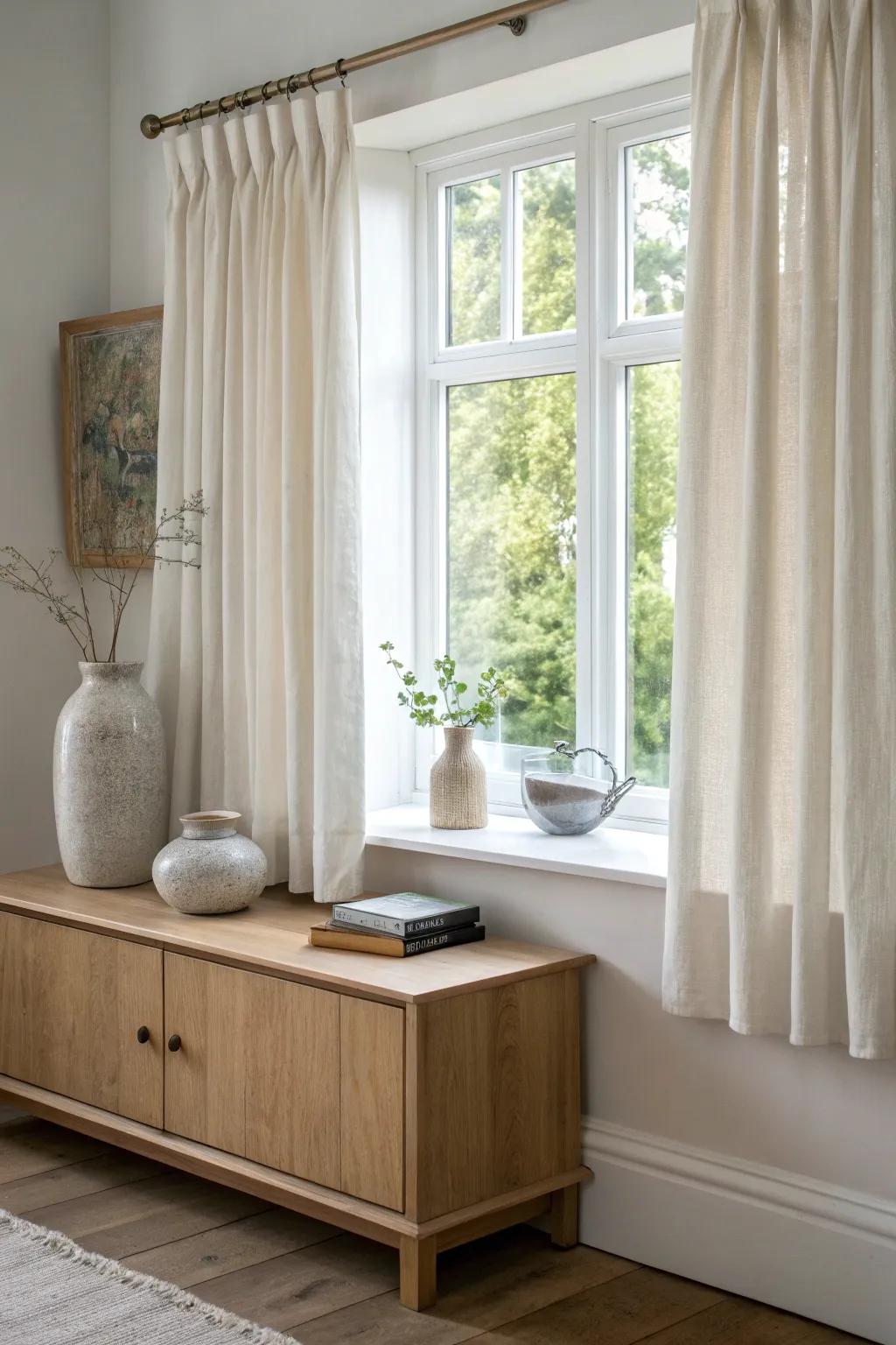 Short linen curtains keep a small living room airy—perfect when a console or radiator sits below.