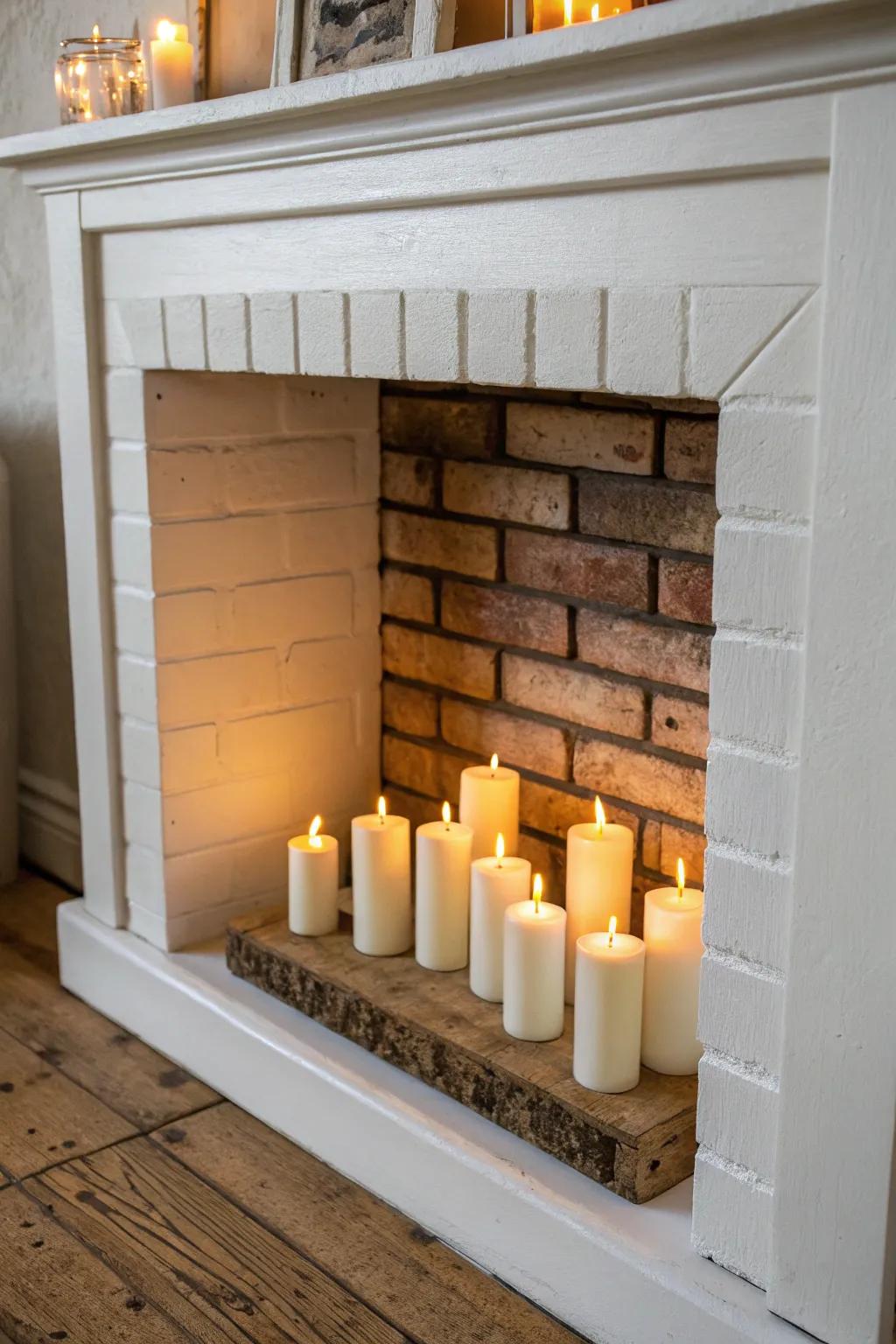 Rental-friendly glow: fill an unused fireplace with mixed-height pillar candles for cozy ambience.