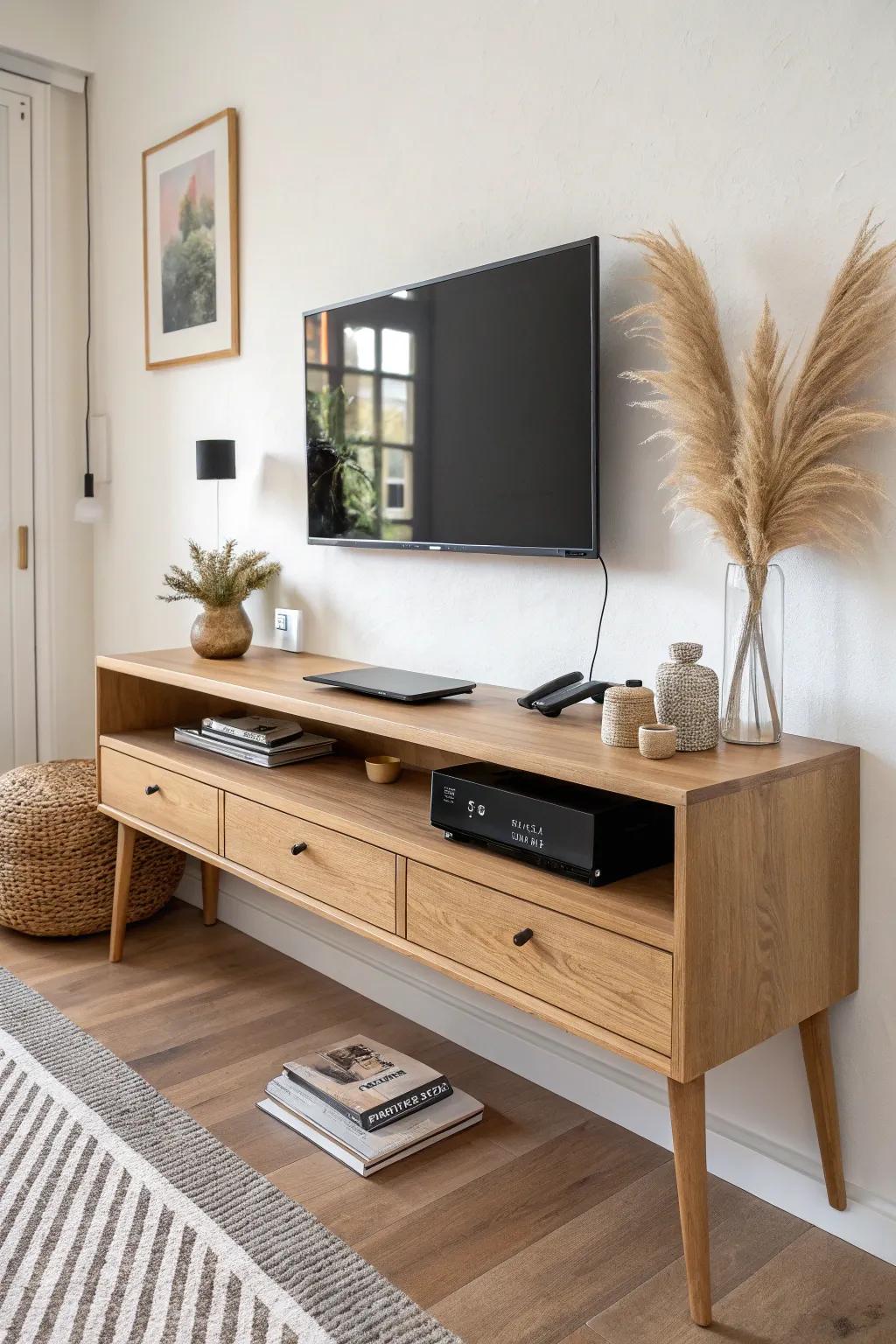 One sleek wall unit: TV above, hidden-storage desk below—small-room work + lounge, seamless.