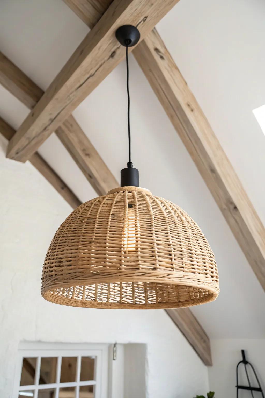 A bold woven pendant turns a tiny loft’s height into a calm, curated statement—instantly.