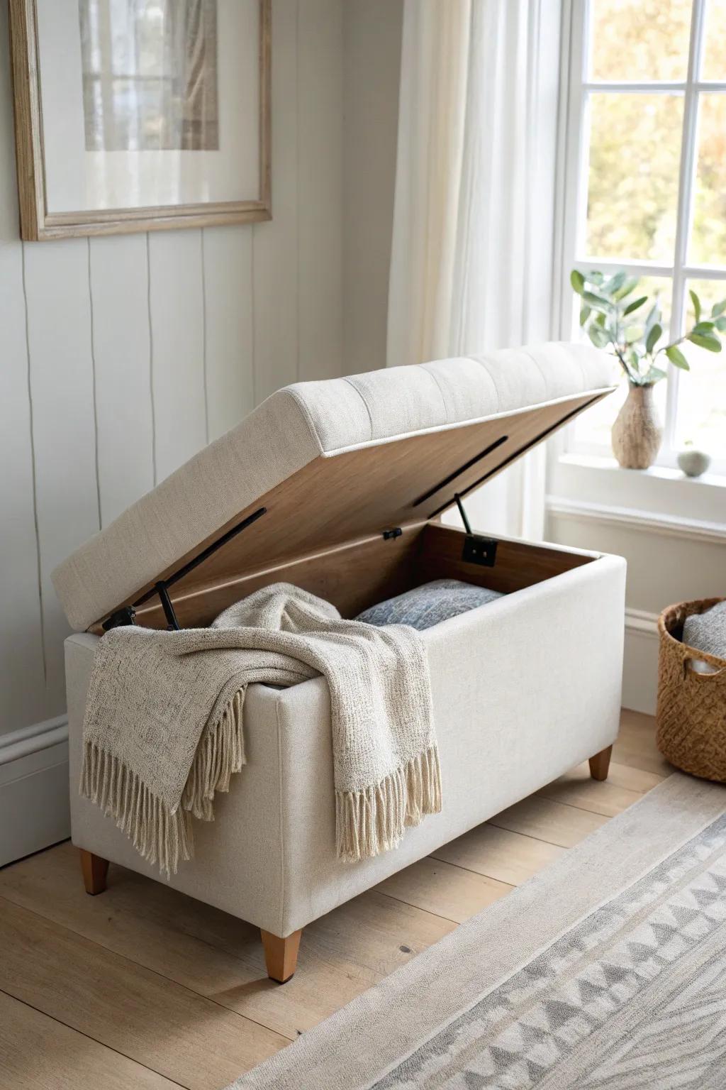 A petite storage bench adds suite-like style—stash extra throws and pillows inside.