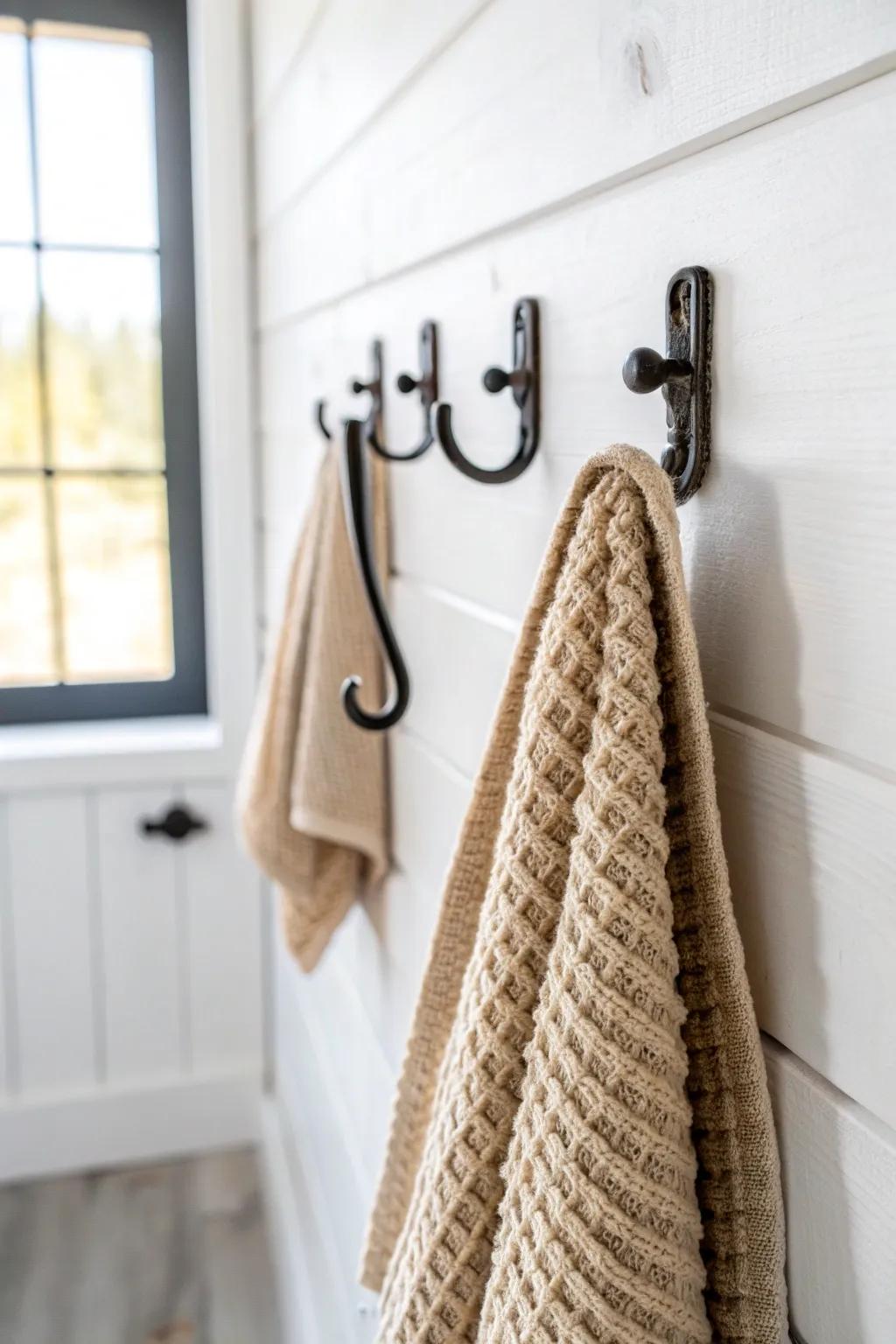 Swap towel bars for a single wall hook—simple, flexible, and modern farmhouse charming.