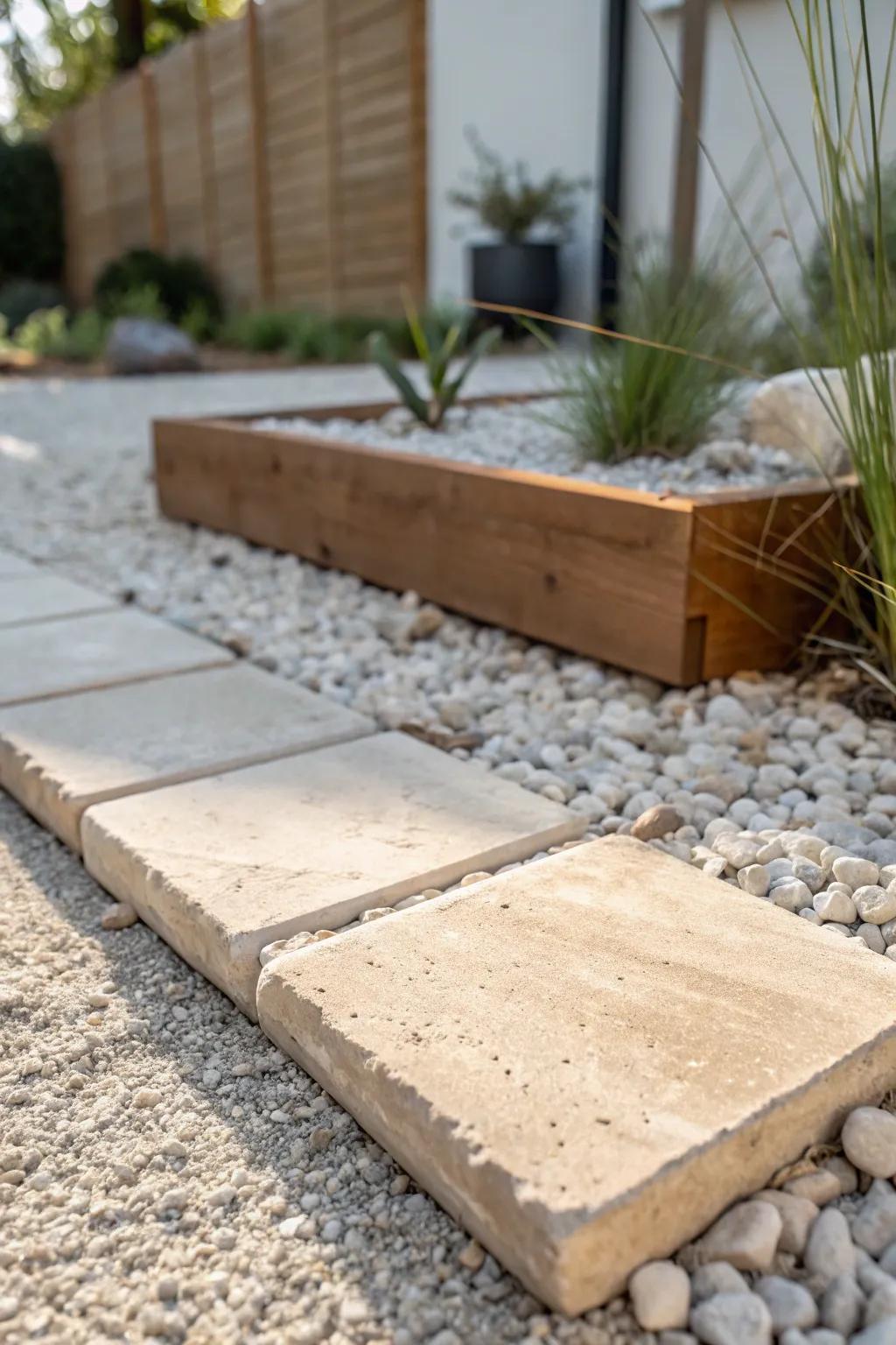 Rectangular pavers set sideways to visually widen narrow modern gardens with minimalist ease.
