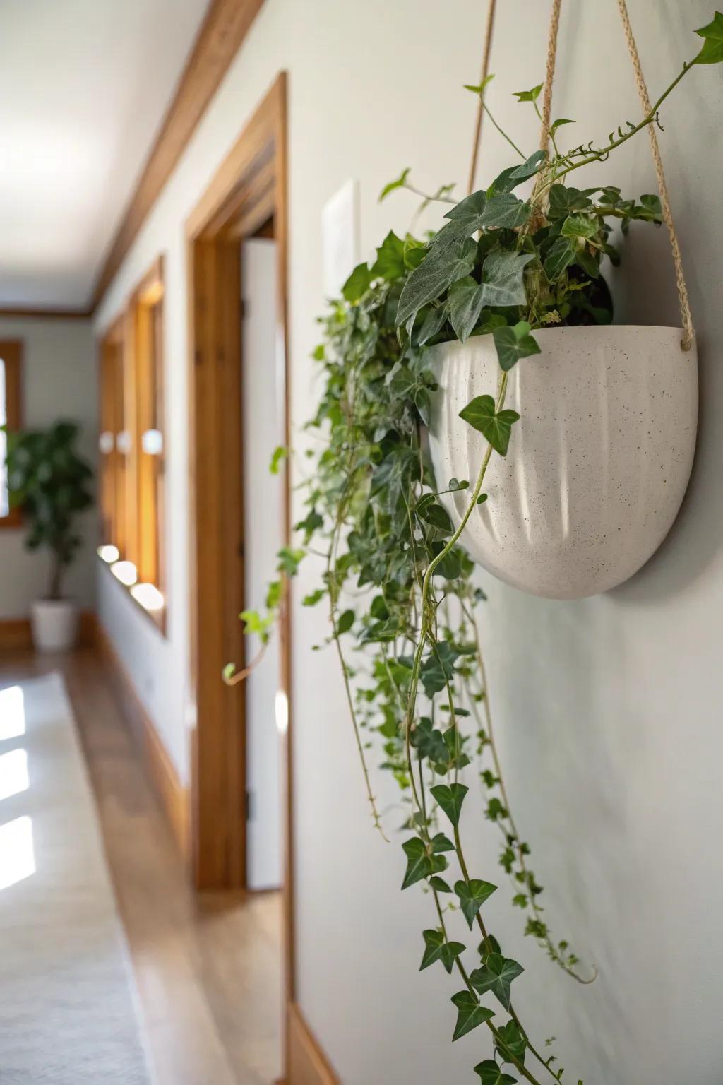 Wall-mounted greenery adds life to a narrow hallway—no floor space needed.