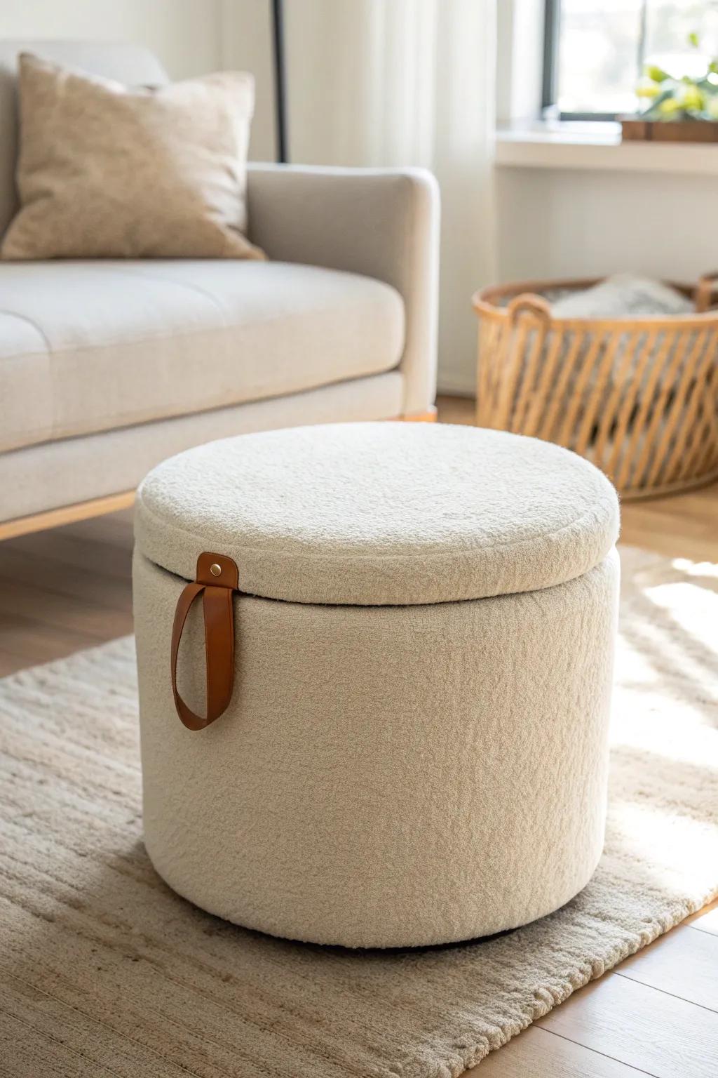 Try a storage ottoman as your coffee table—extra seating, soft edges, hidden storage.