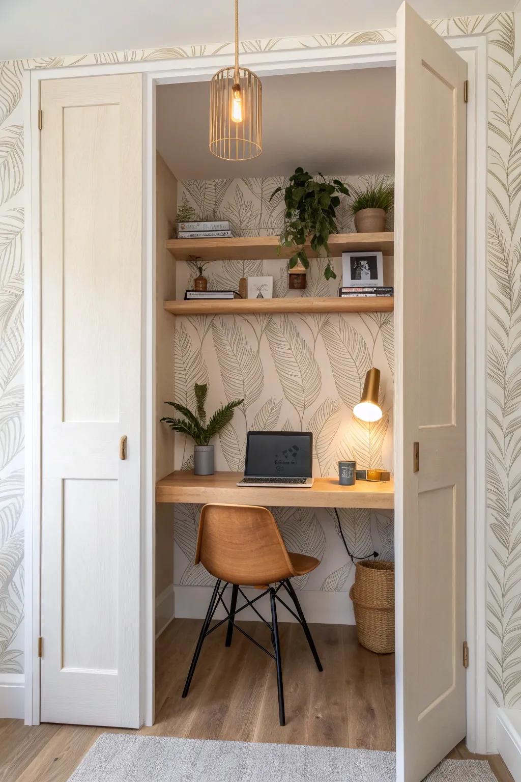 Turn a closet into a calm work cave—wallpaper, warm light, and doors that hide the mess.