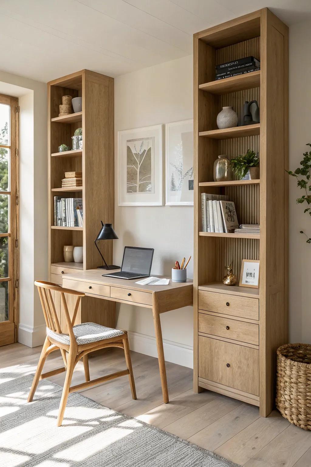 A desk framed by tall bookcases creates a built-in office look—rental-friendly and chic.