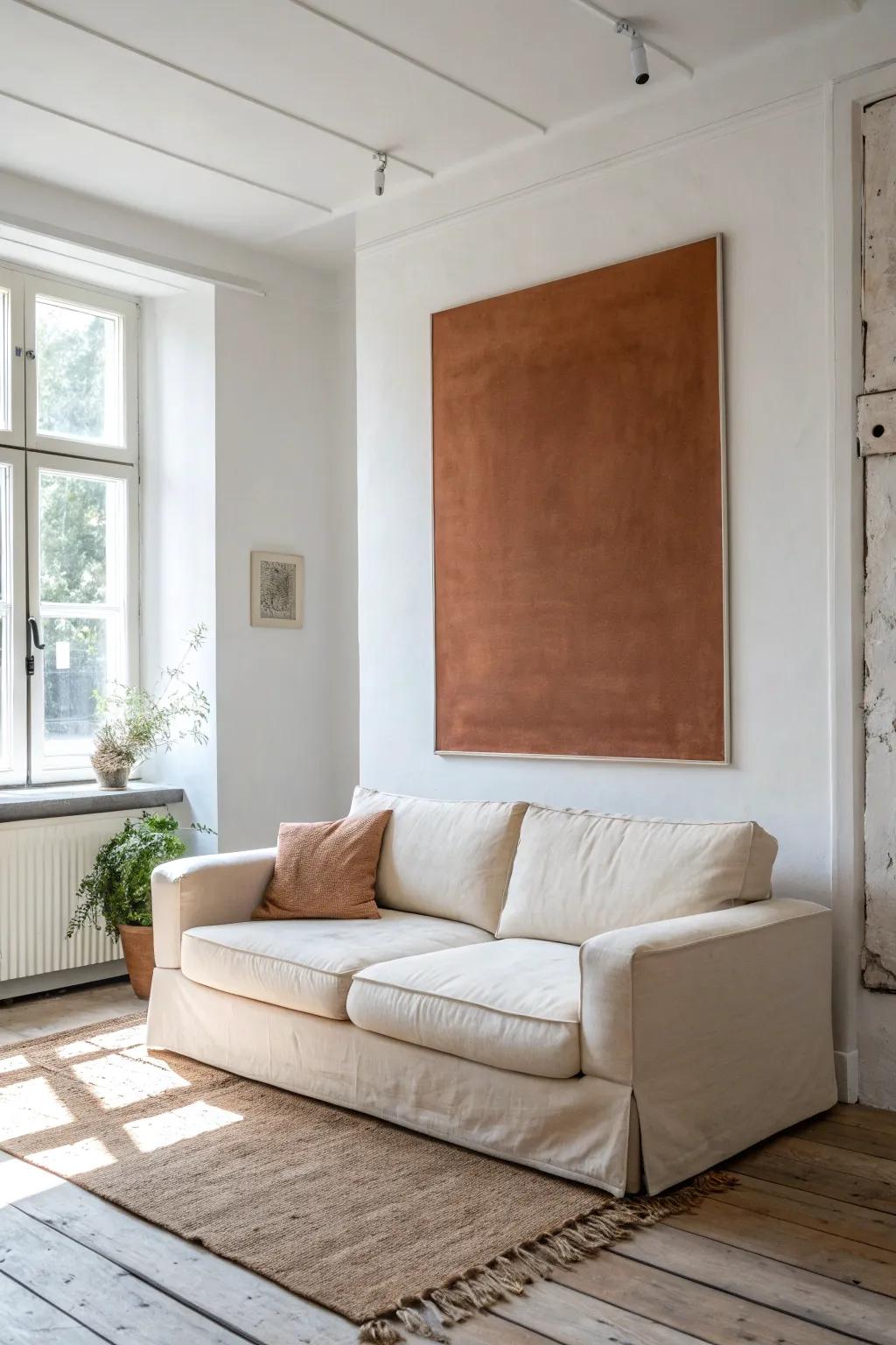 A terracotta zone block behind the sofa neatly defines the living area in a small open plan.