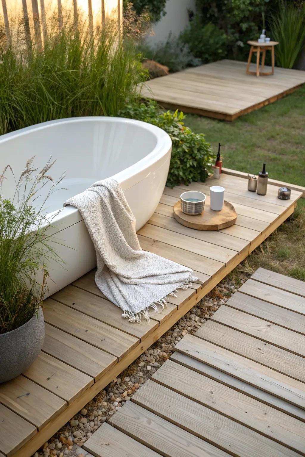 A sunken soaking tub turns a tiny deck into a serene, spa-like outdoor bathroom.