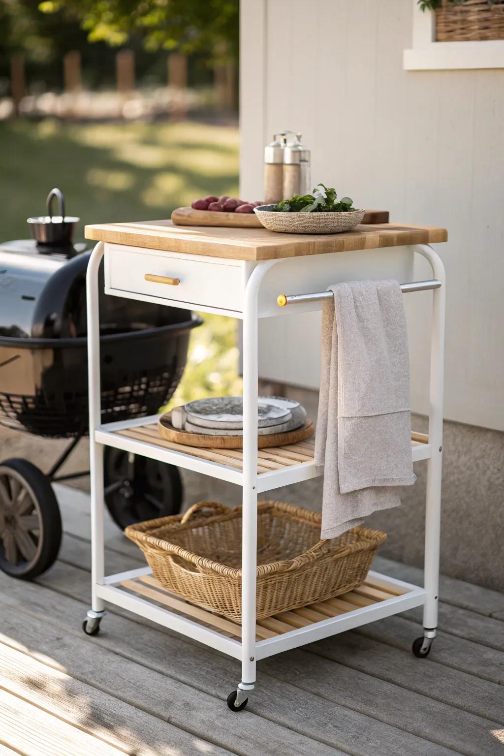 A rolling prep cart adds instant counter space—then parks neatly like chic patio furniture.
