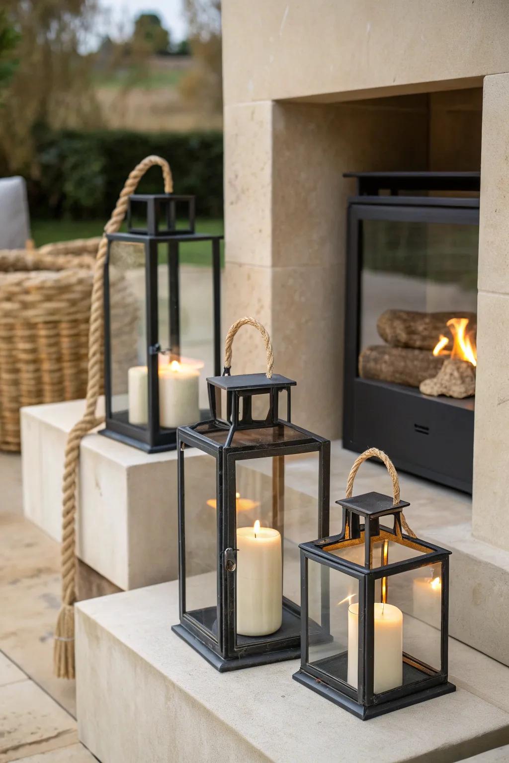 A lantern cluster in warm candlelight beautifully frames a petite outdoor fireplace—no wiring needed.