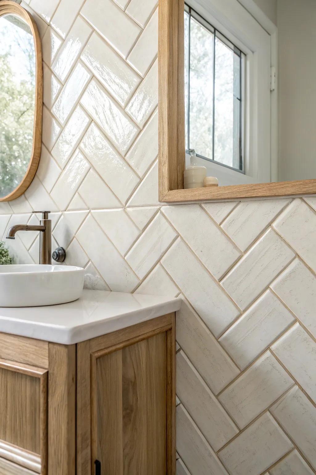Diagonal wall tiles create a subtle width illusion—perfect for making a tiny powder room feel bigger.