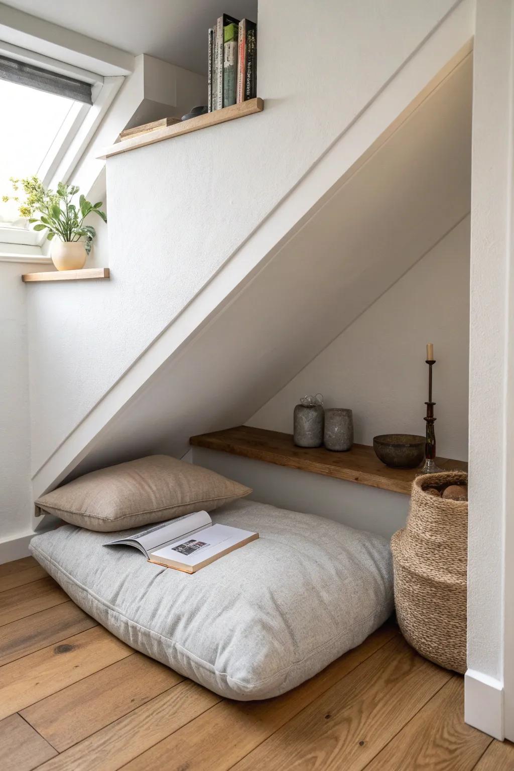 A tucked-away under-stairs nook with a linen cushion and warm light—your secret quiet pocket.