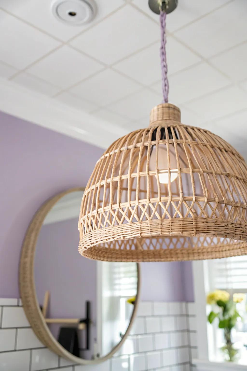 A soft purple ceiling adds unexpected height—pair it with natural textures for calm contrast.