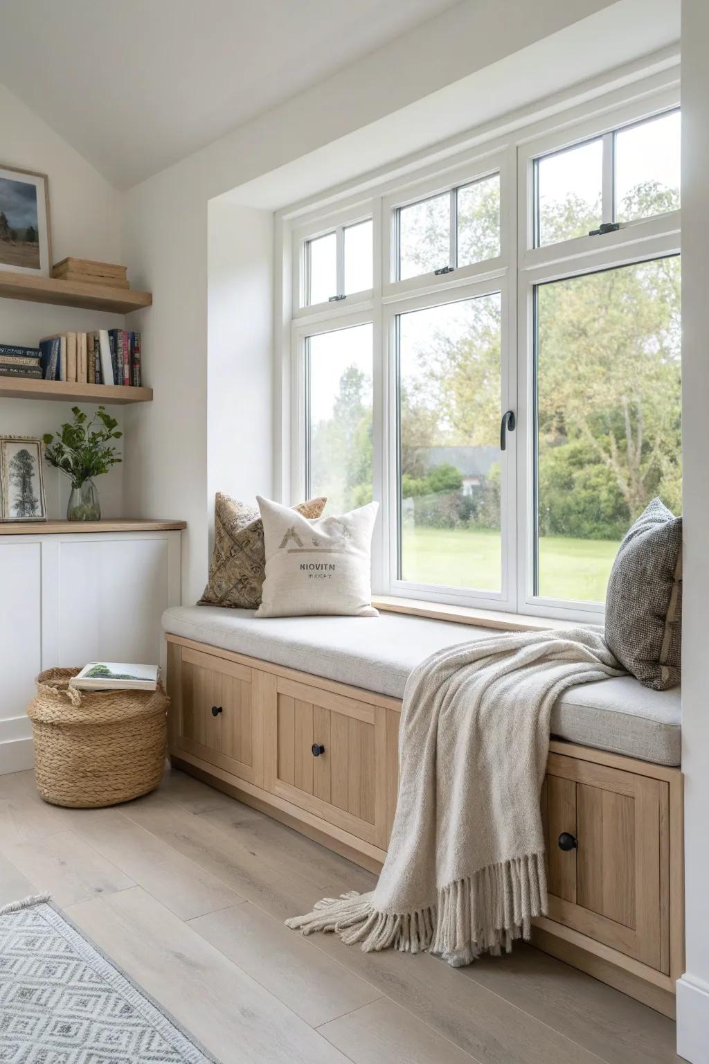 Add a sleek window bench with hidden storage for throws and games—airy seating, zero clutter.