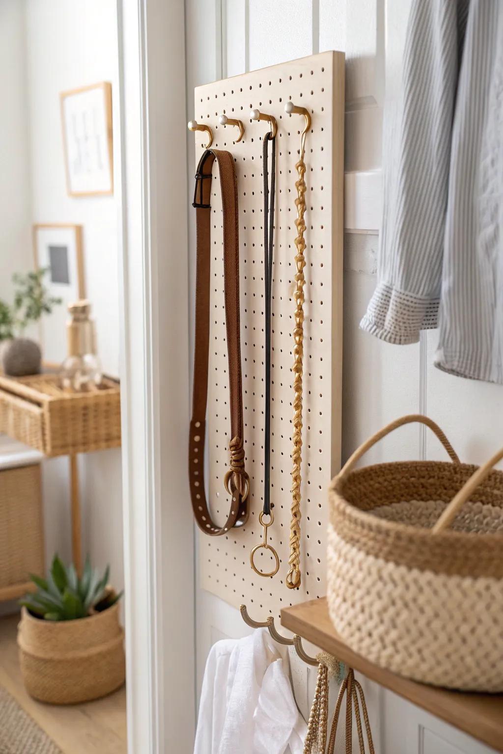 Turn a reach-in closet door into a mini accessory wall—belts and jewelry stay tangle-free.
