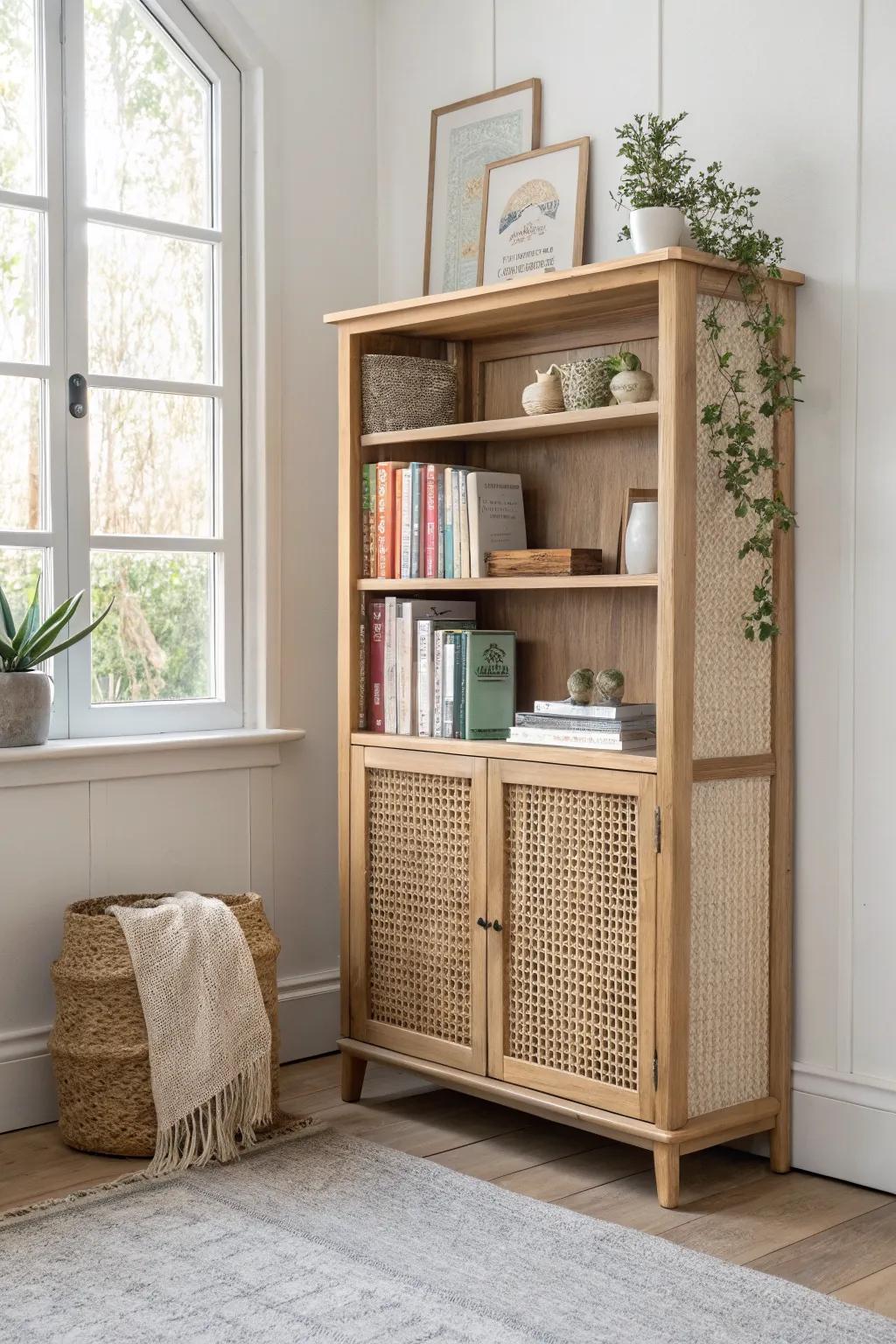 Color-coordinated books turn a tiny library nook into calm, decor-like simplicity.