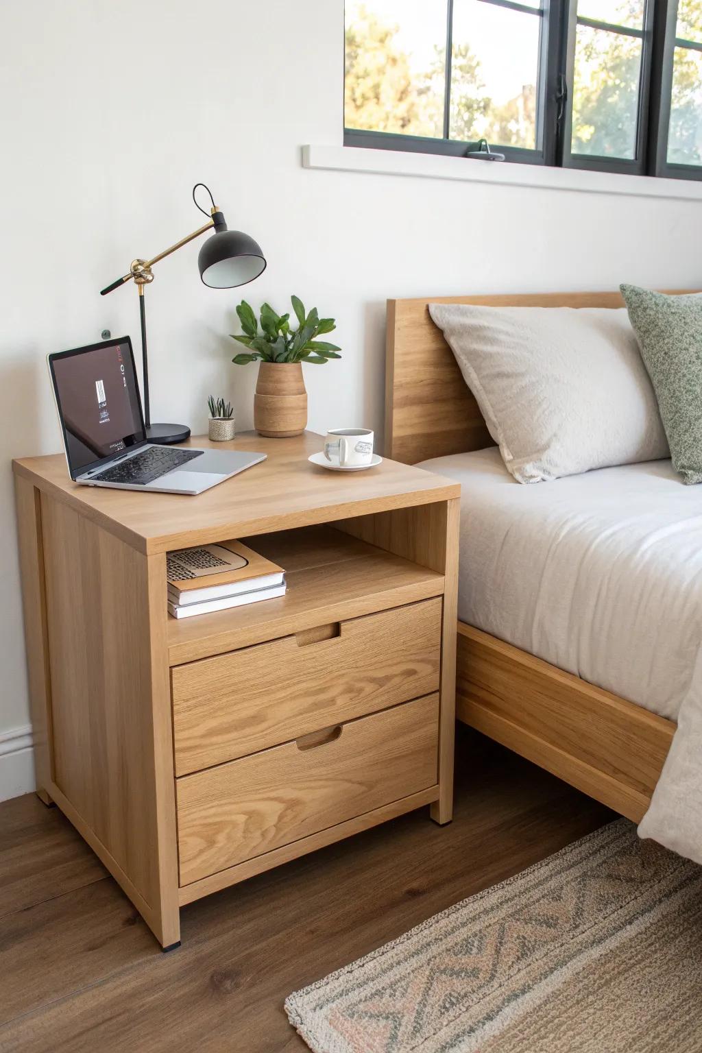 A wraparound L-desk that doubles as a nightstand—custom look, zero bulk for small rooms.