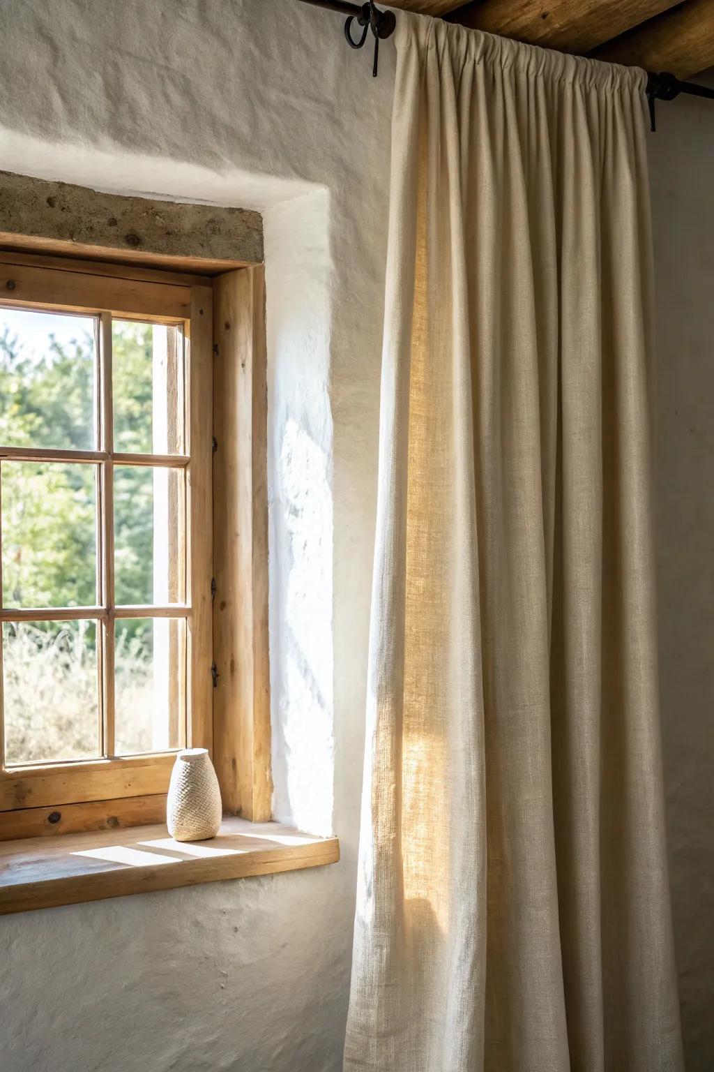 High-hung linen panels frame sunlight, making a small rustic living room feel larger and lighter.