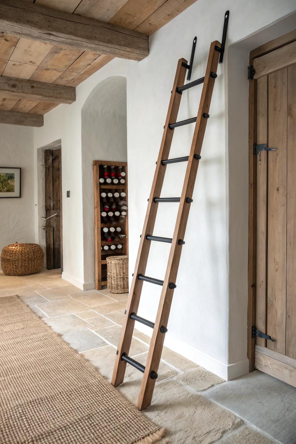 A tiny library-style ladder makes high wine shelves feel safe, rustic, and beautifully minimal.