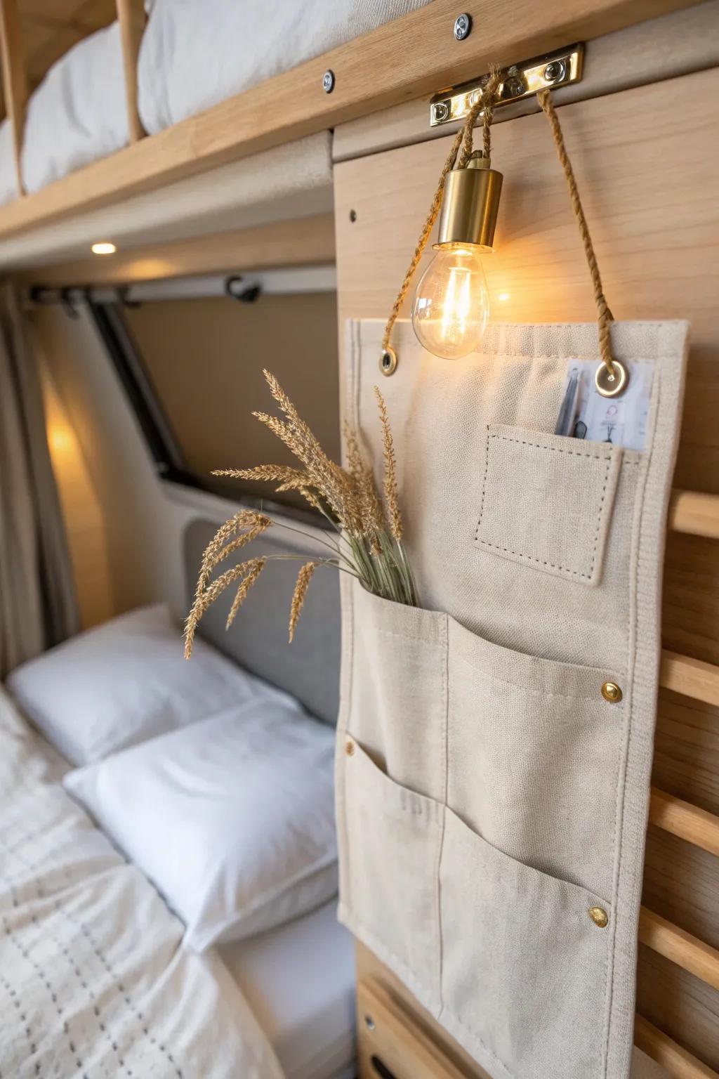 A cozy bunk upgrade: linen pocket organizer + warm reading light for tiny boutique vibes.