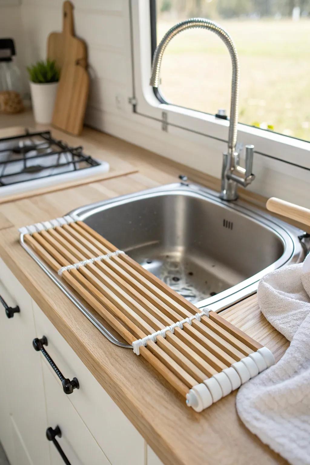 A roll-up drying rack over the sink keeps an RV kitchen clear—no counter space lost.