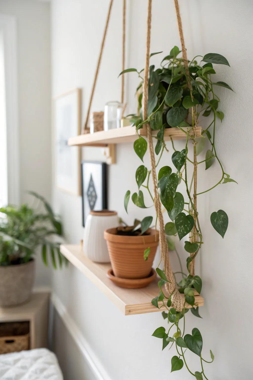 High shelf greenery makes a small salon feel taller—fresh, airy, and clutter-free.