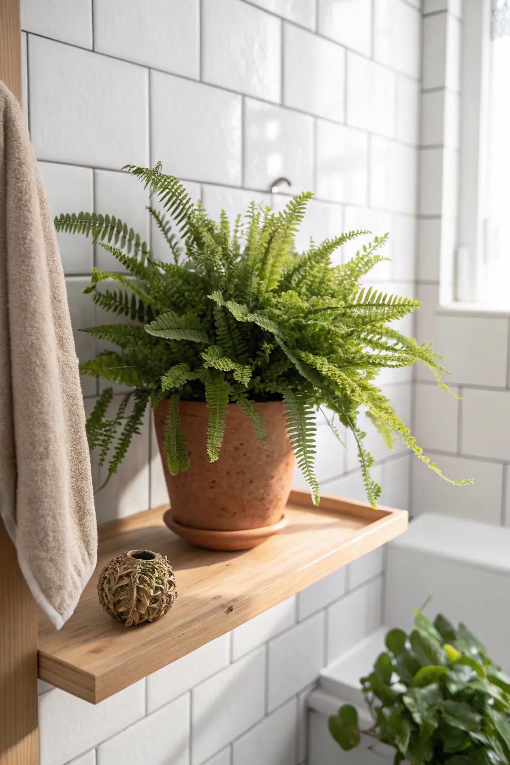 One thriving humidity-loving fern brings life to a tiny Scandinavian bathroom.