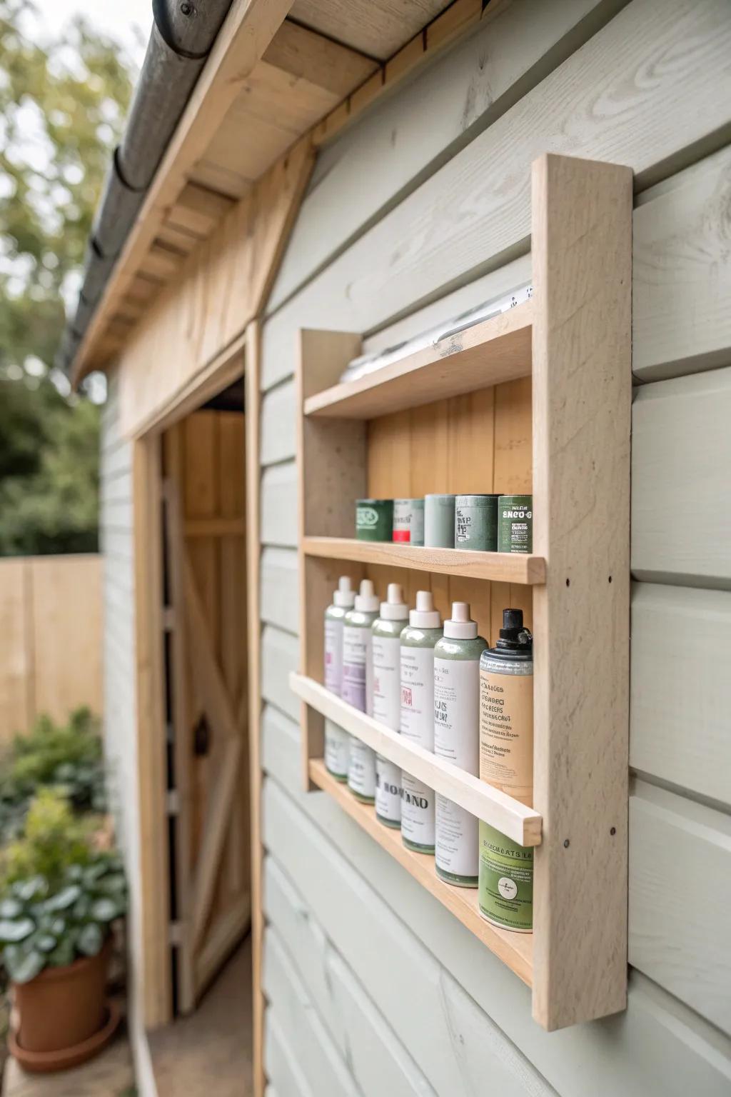 Slim paint-can ledges keep sprays and caulk upright, visible, and easy to grab in a small shed.