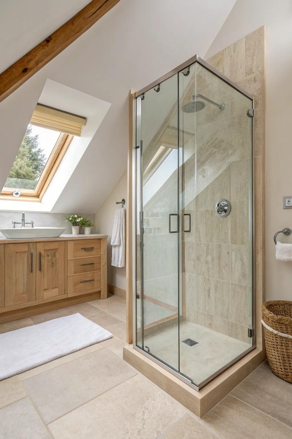 A custom-cut glass door turns a tricky sloped ceiling into a sleek shower feature.