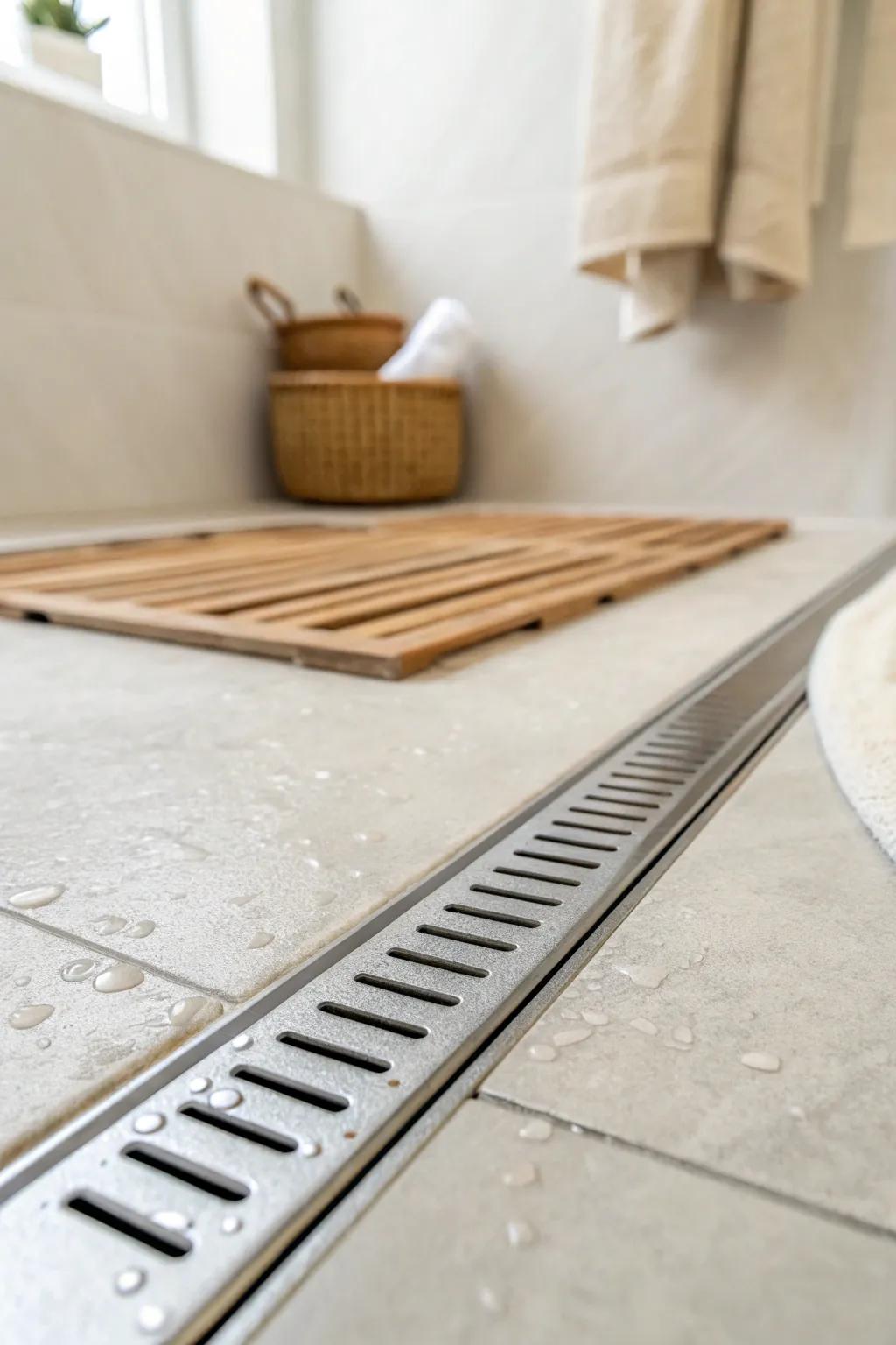 A sleek linear drain makes tiny shower floors look seamless, modern, and intentionally designed.