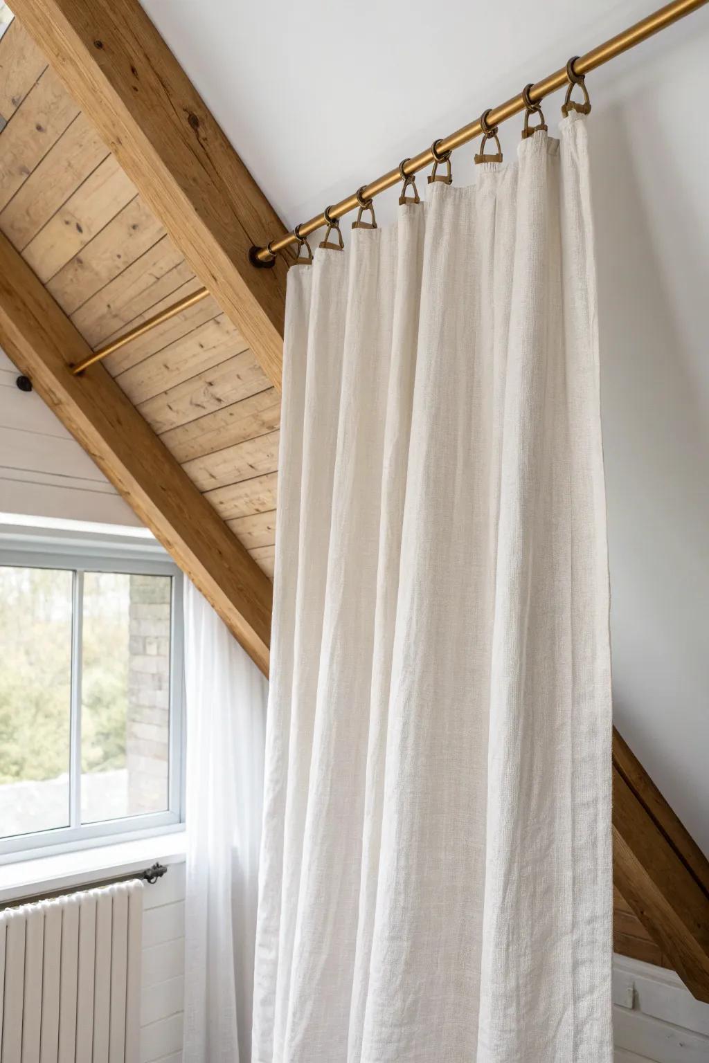 A sloped ceiling curtain track creates a soft, door-free attic closet that hides clutter beautifully.