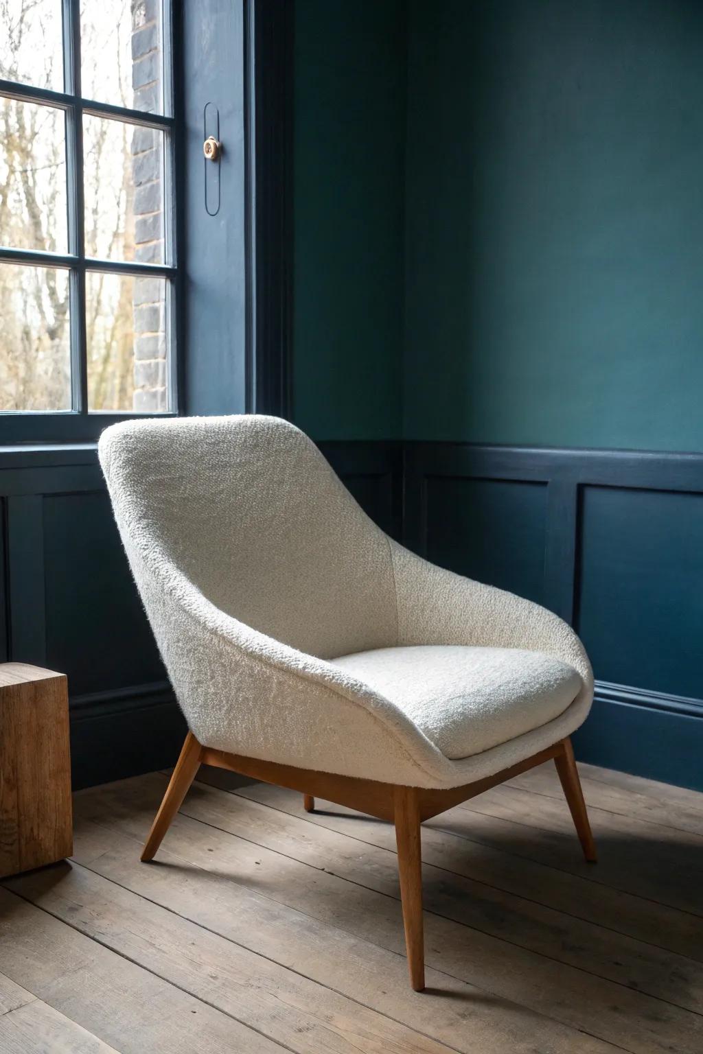 Deep cocoon color turns a tiny corner into a jewel box—one creamy chair makes it glow.