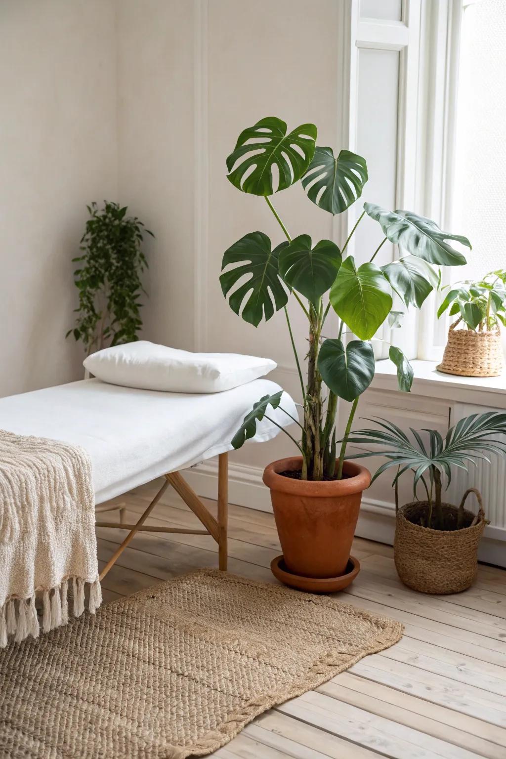 One bold leafy plant adds life to a small massage room—fresh, calm, and uncluttered.