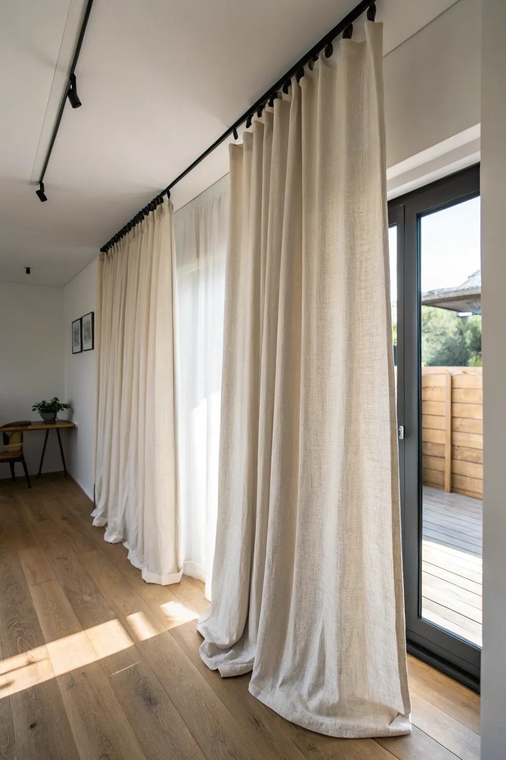 Ceiling-mounted linen curtain divider—an elegant way to hide the office and soften the room.