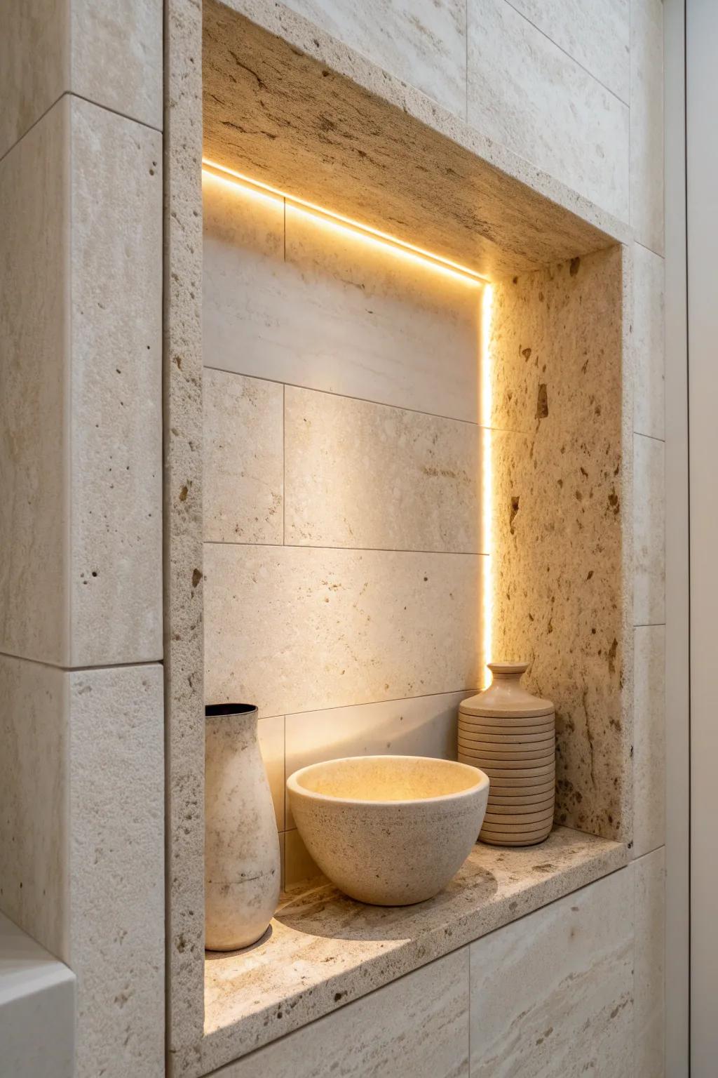 Warm backlit stone niche glow—spa-like night lighting that elevates tiny bathrooms.
