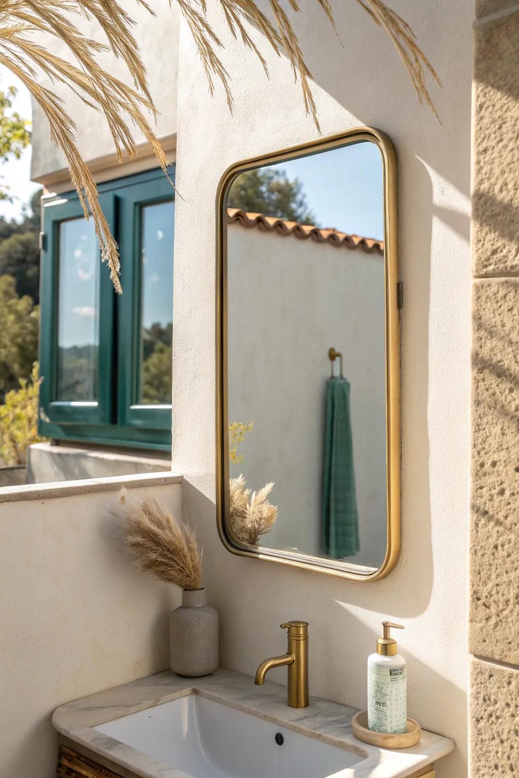 A jewel-box teal ceiling reflected in brass—tiny bathroom, big impact without losing light.