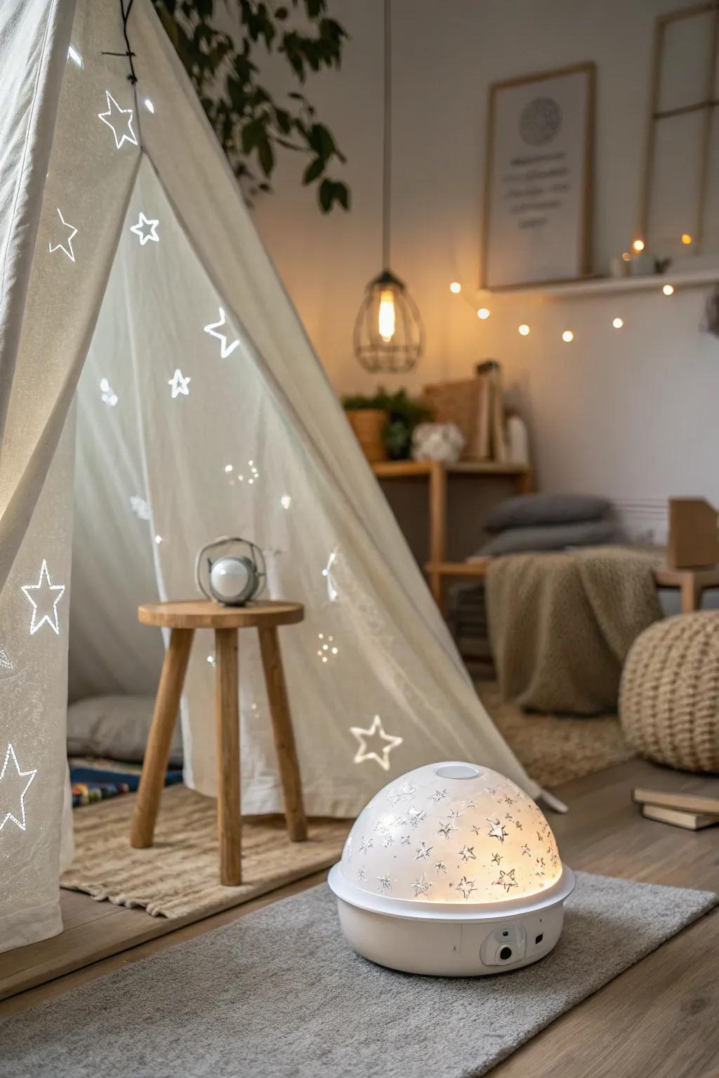 Turn your indoor tent into a dreamy night sky with a tiny star projector—no clutter needed.