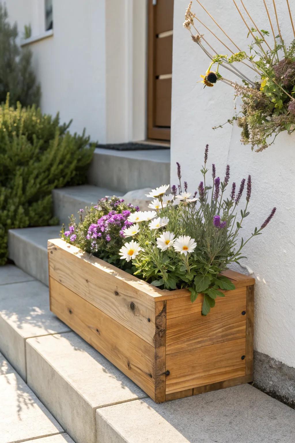 A slim native-flower planter by the steps—tiny footprint, big pollinator charm for townhouses.