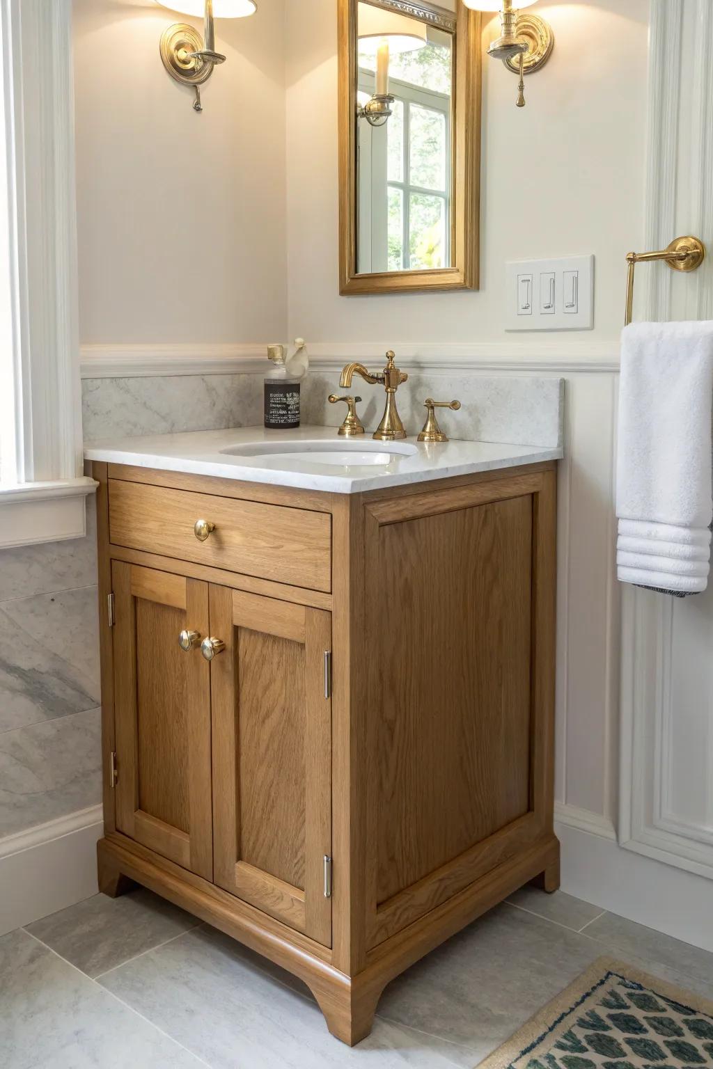 A classic corner vanity keeps a tiny traditional powder room airy, walkable, still charming.