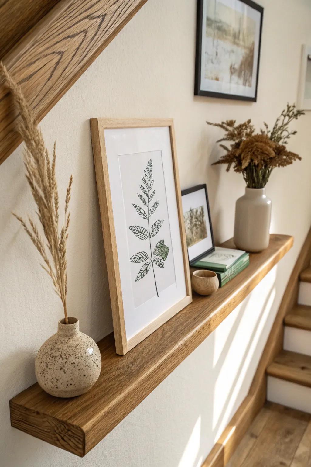 A minimalist picture ledge makes rotating seasonal art on a small landing effortless.
