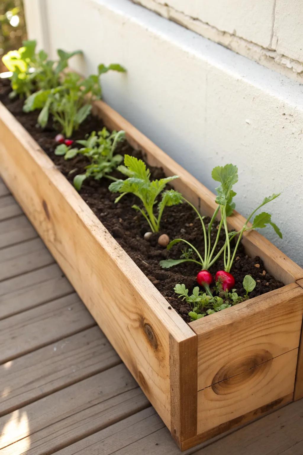 Skinny companion strips: radish first, carrots next—your mini bed reorganizes as you harvest.