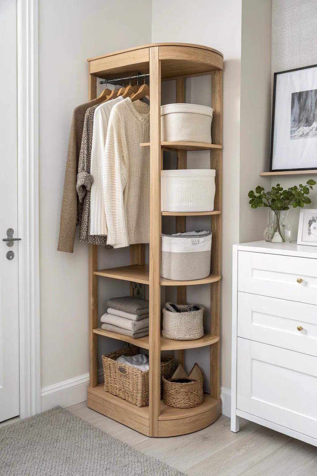 A corner shelf tower turns wasted closet space into a chic, high-capacity storage zone.