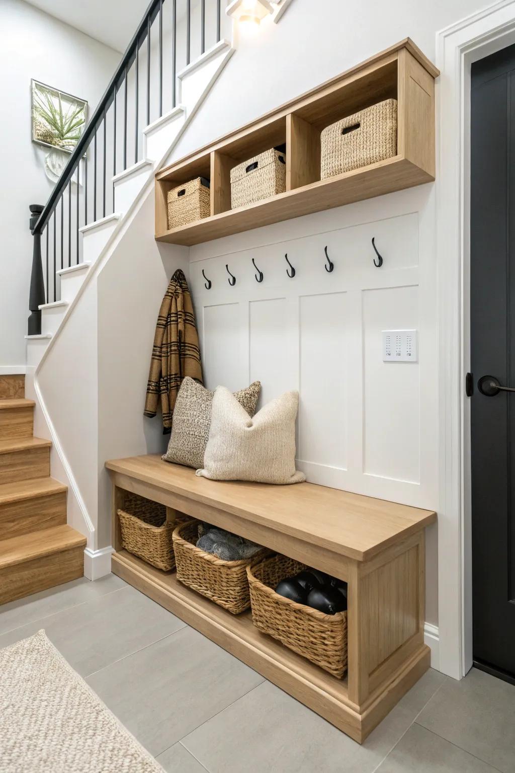 Turn under-stair space into a sleek mudroom bench drop zone for shoes, coats, and keys.