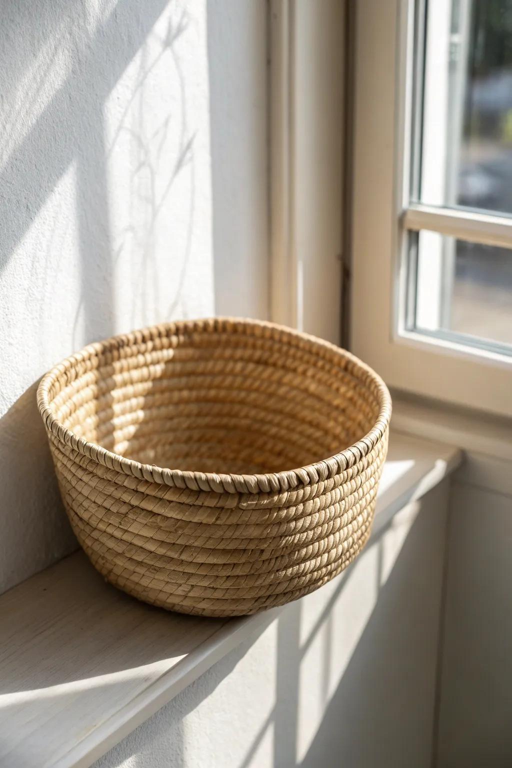 One woven basket, big impact—natural texture and soft tones for cozy small-space walls.