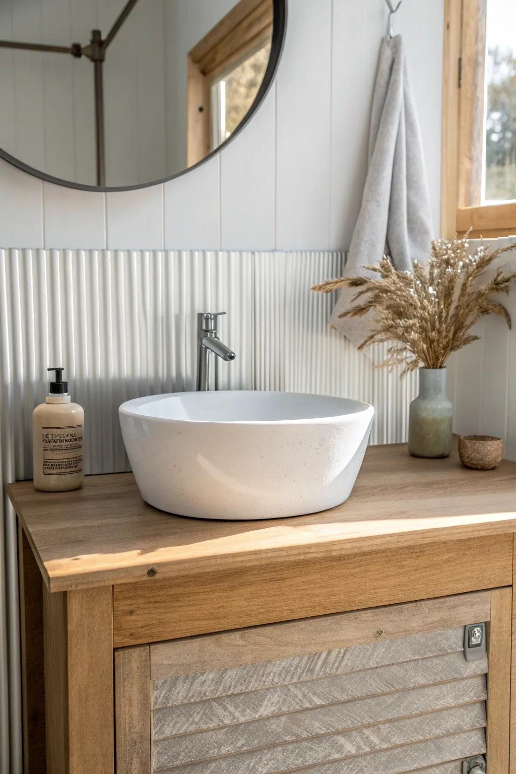 Corrugated metal wainscoting adds ranch character behind the vanity—tall, sleek, splash-proof.