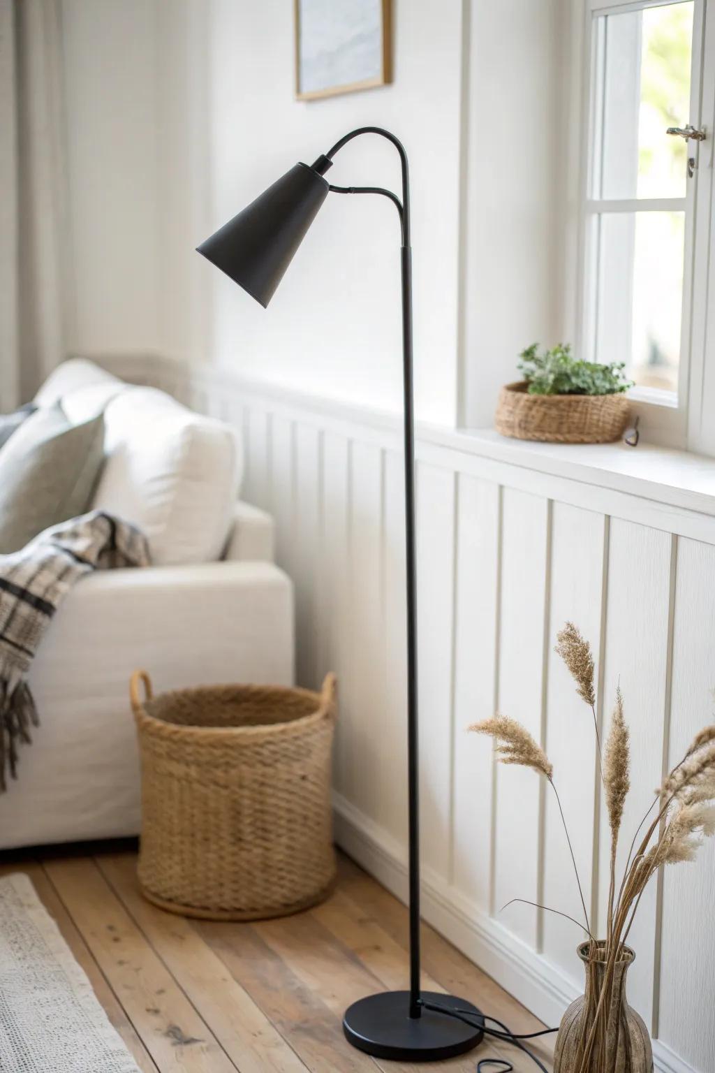 A slim matte‑black lamp adds the perfect defining line in an all‑white small living room.