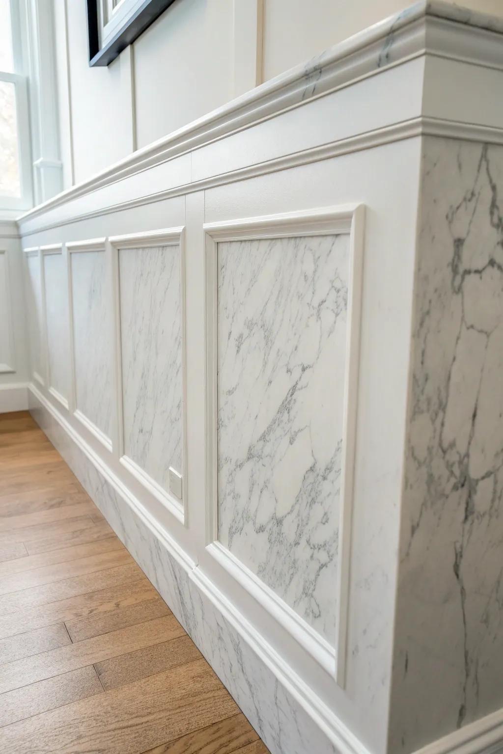 Half-wall white marble wainscoting with crisp painted upper walls—polished, airy, and luxe.