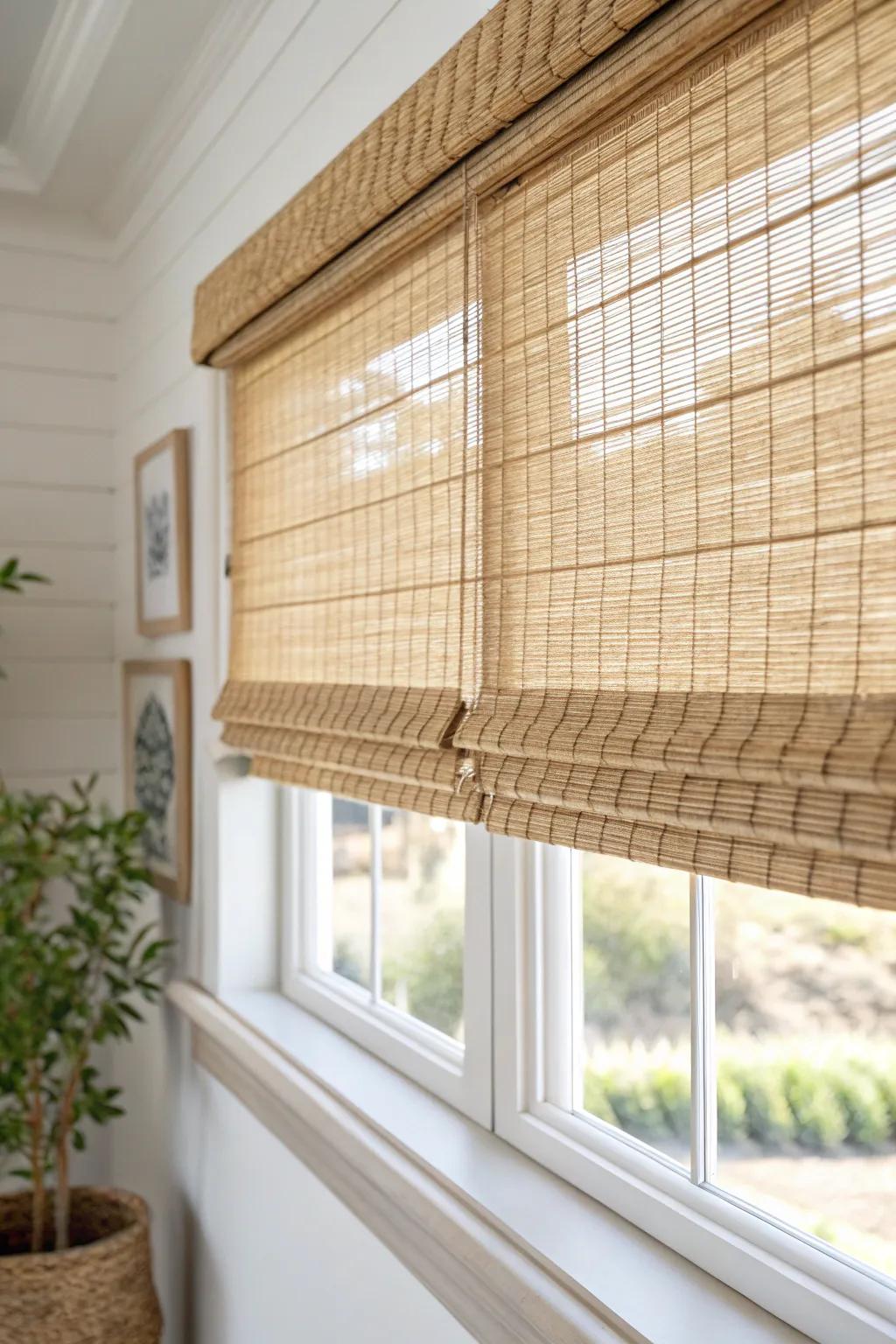One wide woven blind unifies two small windows for a calmer, more upscale look.